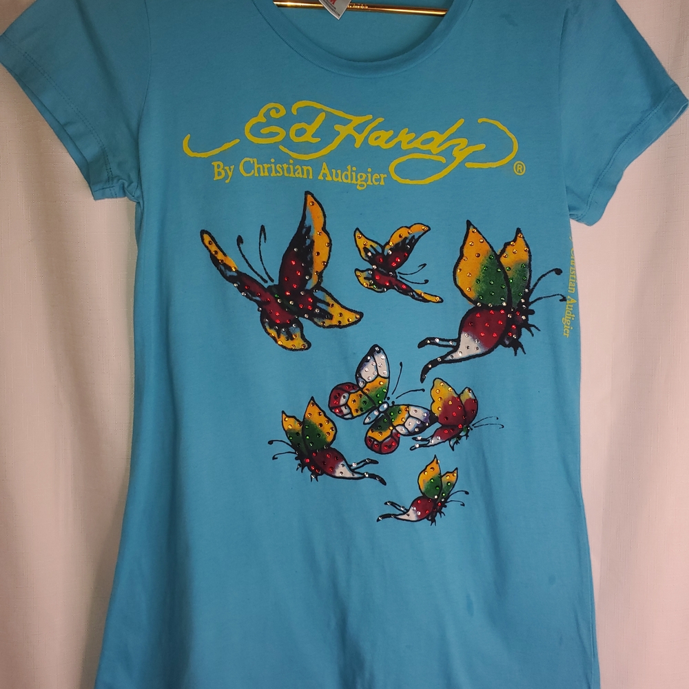 Ed Hardy Blue T-Shirt with Colorful Butterflies
